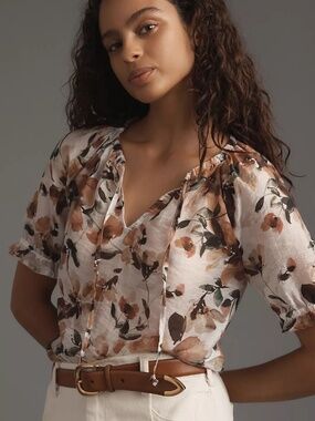 NWT Anthropologie Cloth & Stone Short Sleeve Ruffle Floral Blouse M